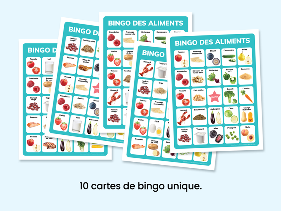 4 cartes de bingo avec des aliments au lieu de numéros