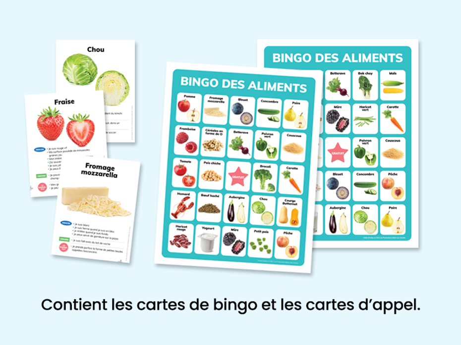 cartes de bingo et cartes d'appel avec des images d'aliments