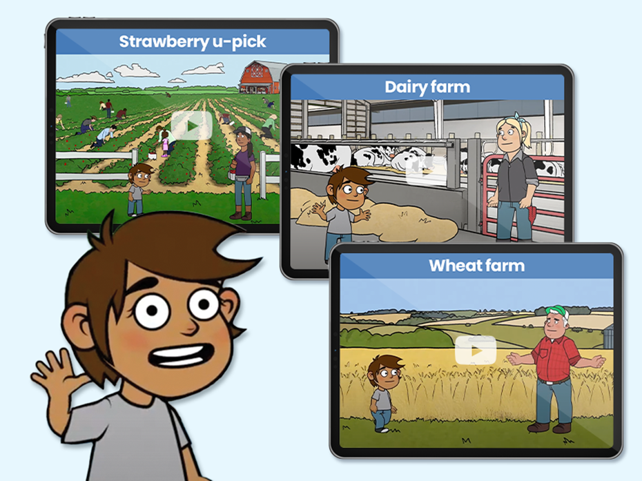 Text on the screen: The Curious Cook. Come along with Sam, our curious cook, and discover where food comes from. 3 videos