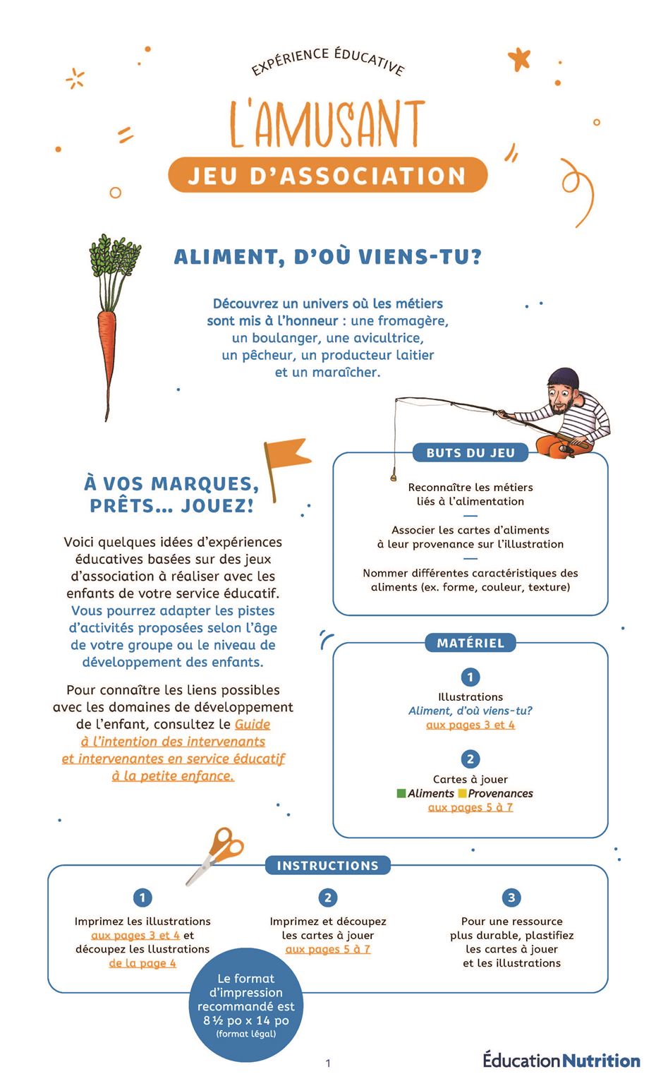 Page du jeux D'association Aliment, D'où Viens Tu - image d'une carotte et d'un pêcheur